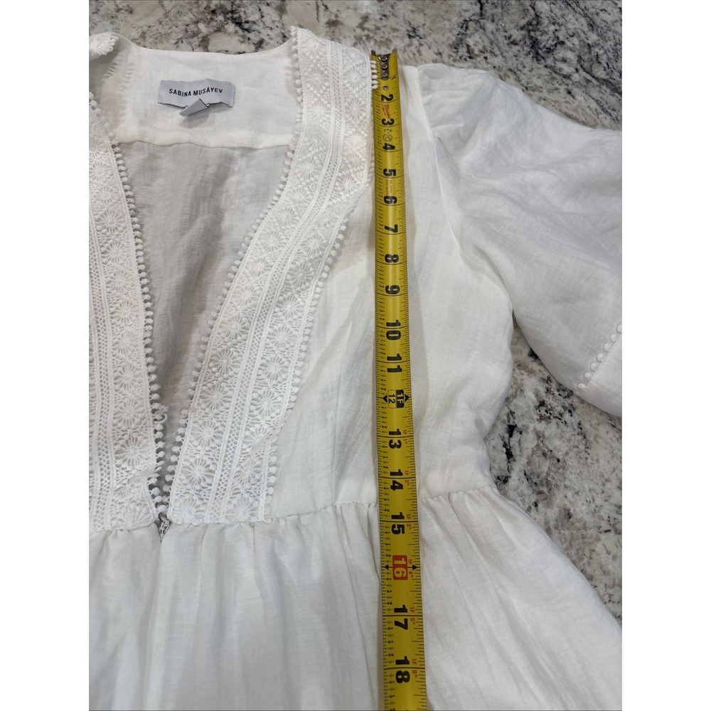 Sabina Musayev White Pom-Pom Crochet Trim Ruffle Tiered Mini Dress V-Neck Size L - Picture 11 of 16
